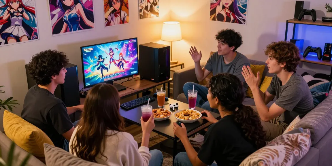 Group enjoying hentai games in a cozy living room with colorful visuals.