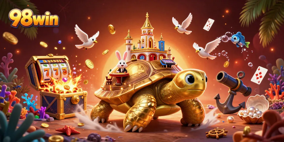 Enjoy winning at 98win with a vivid illustration of a lively casino scene featuring a golden tortoise and rabbit dealer.
