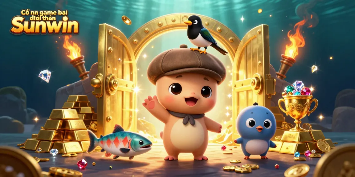 Immerse in Cổng game bài đổi thưởng Sunwin with dazzling gold treasures and playful characters in this vibrant 3D scene.