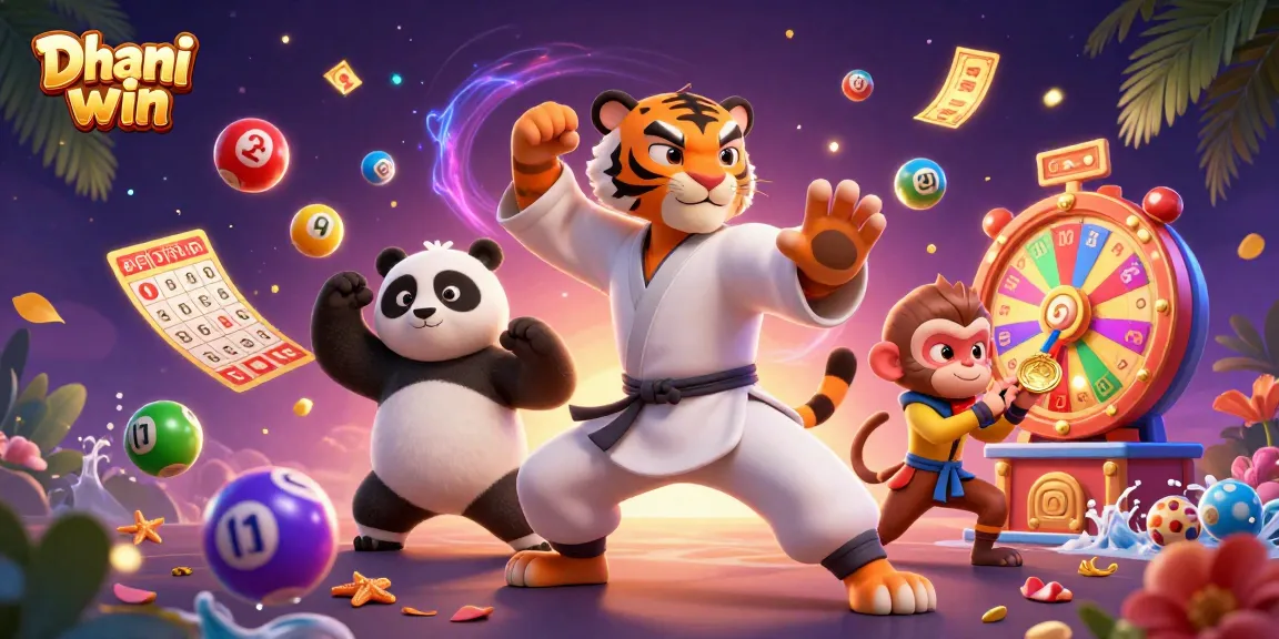 Dhani win's gaming excitement with vibrant lottery balls and cartoon characters in action.