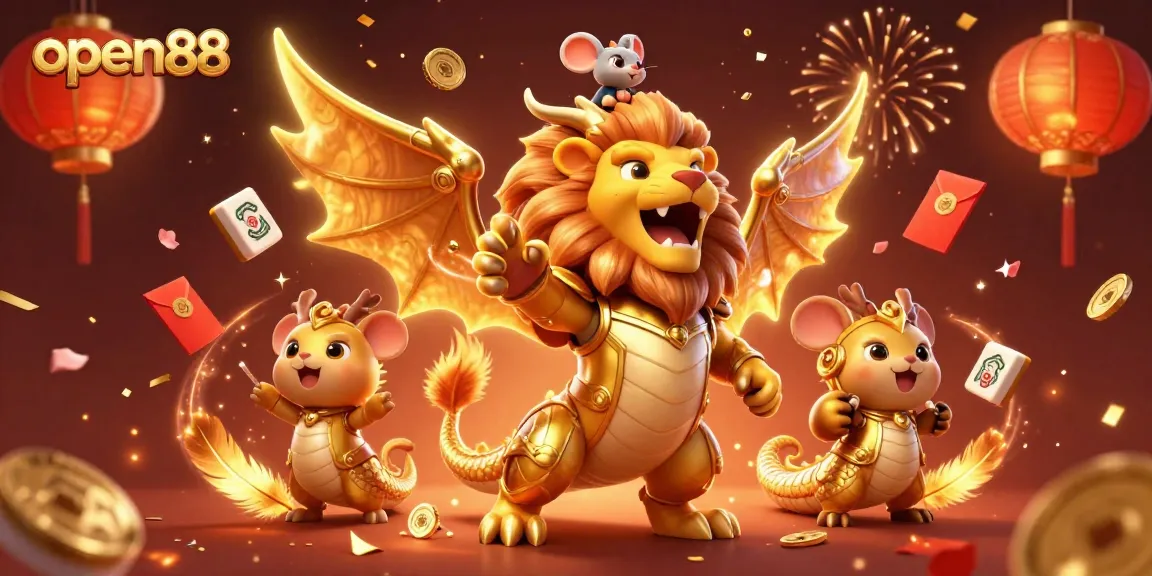 Experience thrilling gameplay at open88, featuring a dynamic scene with a golden chimera and casino elements.