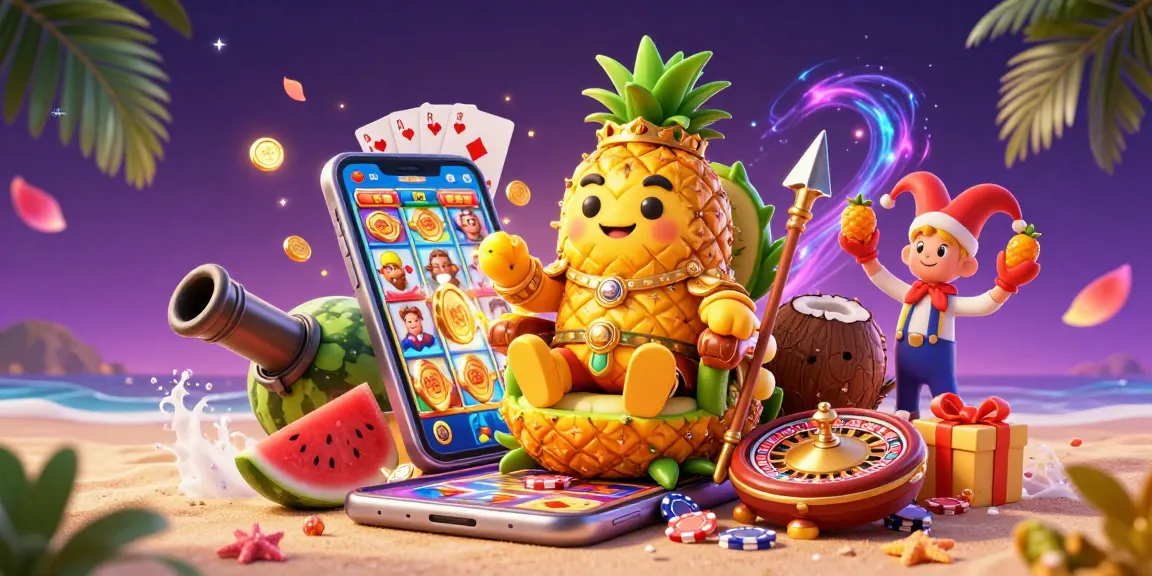 M98 enhances your gaming experience with a vibrant 3D casino scene featuring a golden pineapple king, dynamic elements, and engaging slot gameplay.