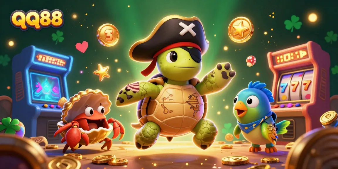 Engage in thrilling gaming adventures at qq88 with vibrant 3D cartoon characters amidst treasures and slot machines.
