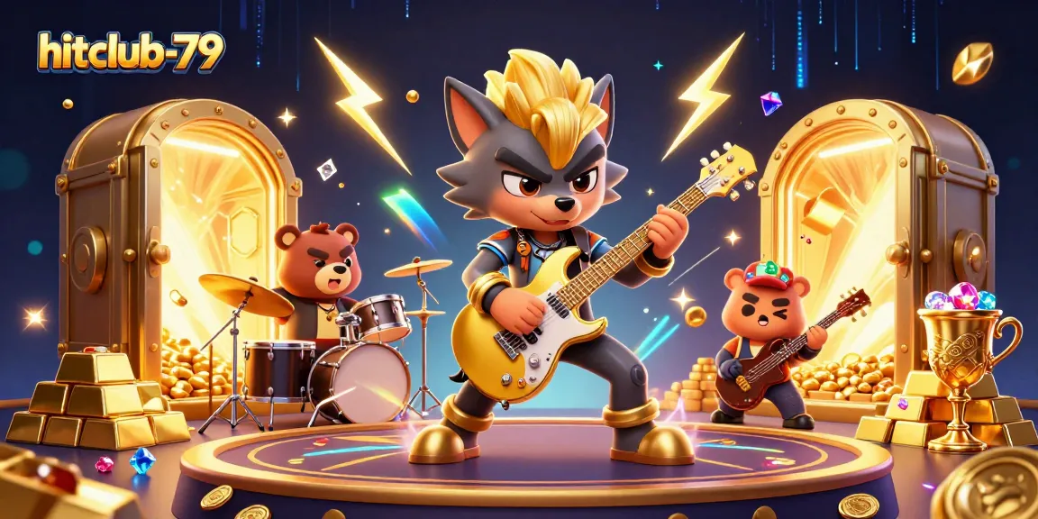 Join the excitement at hitclub-79 with dynamic casino scene featuring a rock star wolf and treasures.