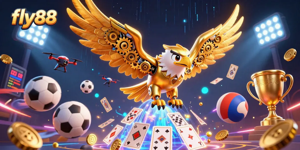 Fly88's vibrant gambling scene featuring a cybernetic eagle and dynamic sports elements for thrilling action.